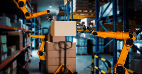 Smart robot arm system for innovative warehouse and factory digital technology . Automation manufacturing robot controlled by industry engineering using IOT software connected to internet network .