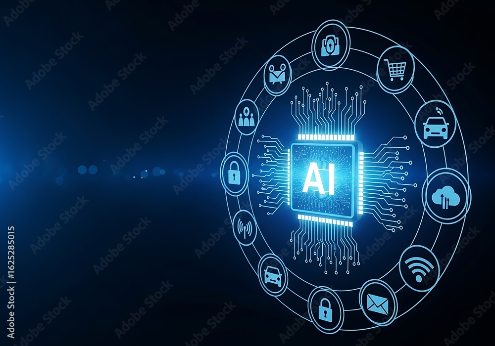 Poster futuristic ai technology hub with interconnected digital icons representing global services and adva