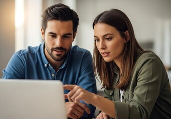 Focused colleagues collaborating intently on a laptop discussing project details and sharing ideas in a modern office setting