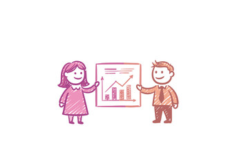 Two people presenting a graph discussing business performance  