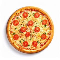 Round pizza with tomato slices and cheese
