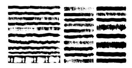 Obraz premium Monochrome background displays a set of varied black brush strokes and lines in slightly different thicknesses arranged horizontally against a bright, clean white backdrop