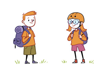 Two cartoon children with backpacks smiling at each other outdoors  