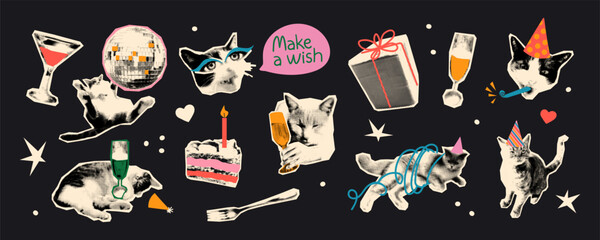 Cat birthday party halftone art collage cut outs set. Funny stickers with vintage dotted texture. Modern retro vector illustration