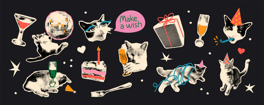 Cat birthday party halftone art collage cut outs set. Funny stickers with vintage dotted texture. Modern retro vector illustration