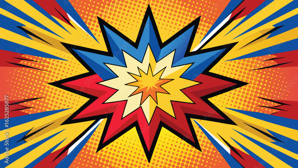 Poster colorful comic book explosion background with dynamic lines and vibrant colors, creating a sense of 