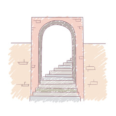Stairs leading through an archway in a hand-drawn style  