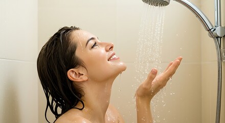Woman enjoying a refreshing shower under running water in bathroom