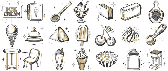 Obraz premium Ice cream-themed illustrations featuring desserts and serving utensils 