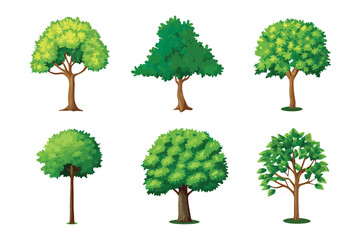 Diverse Tree Collection: A vibrant collection showcasing six different stylized trees with varied shapes, colors, and foliage, offering a comprehensive visual library of arboreal diversity.