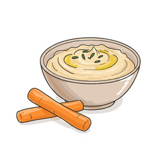 Hummus in bowl with olive oil and carrot sticks on white background  