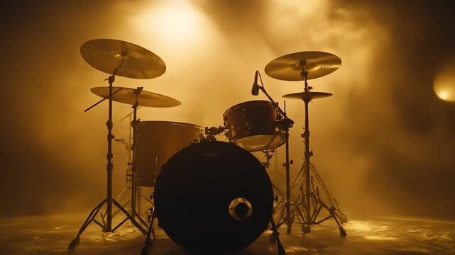 Drum Kit Spotlight: Golden Hues and Smoky Atmosphere in Music Studio