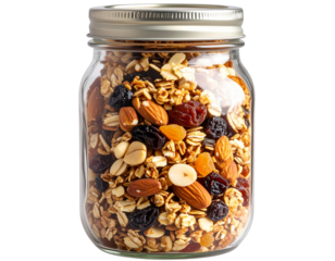 Mason jar with granola, dried fruits, and nuts isolated on a transparent background