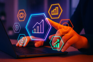 Hand Interacting with Growth and Analytics Icons on Laptop