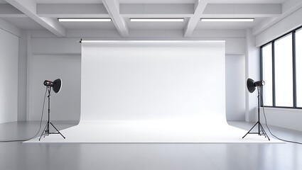 Professional Photography Studio Setup with Seamless White Backdrop and Studio Lighting Equipment for Creative Visual Projects and Content Creation