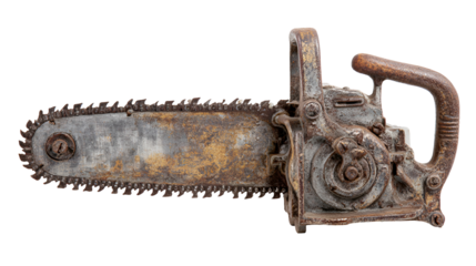 Vintage rusty chainsaw isolated on transparent background