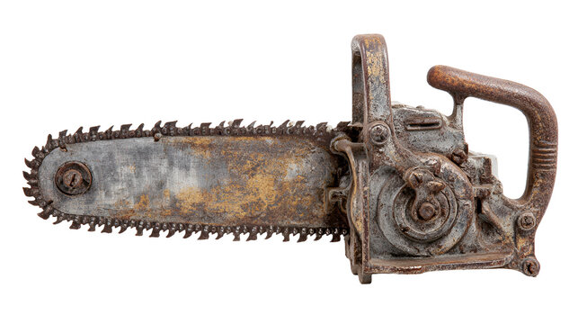 Vintage rusty chainsaw isolated on transparent background