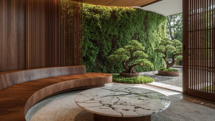 Serene interior design featuring bonsai trees and green wall creating a modern zen living space with natural elements and elegant marble table