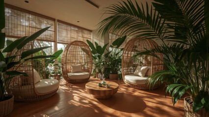 Fototapeta premium Serene interior design with wicker cocoon chairs and lush greenery creating a relaxing and cozy atmosphere in a modern space