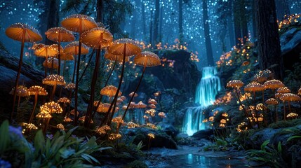 Enchanted forest scenic landscape with glowing mushrooms bioluminescent plants and a hidden waterfall under a starry twilight sky