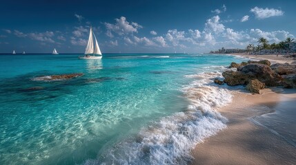Serene ocean scenic landscape with turquoise waters white sandy beaches and distant sailboats under a clear blue sky