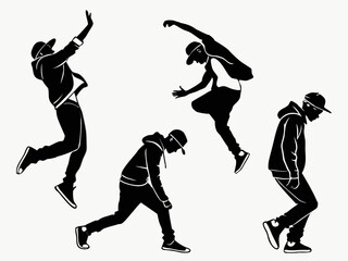Diverse group of hip hop dancers in dynamic poses silhouette