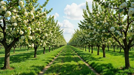 Obraz premium A picturesque orchard filled with blooming trees, their white flowers creating a stunning contrast against the green grass and clear blue sky 