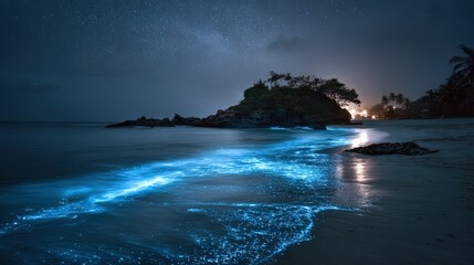 Magical ocean scenic landscape under a starry night bioluminescent waves glowing as they lap against a moonlit beach