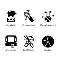 Piggy bank, Money on hand, Money investment, ATM machine, Cost minimize, Pie chart, icon