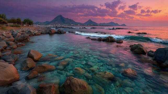 Peaceful ocean scenic landscape at twilight gentle tides rolling in silhouettes of distant islands under a pink and purple sky