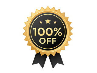 Fototapeta premium Golden sunburst badge with black circle and 100 percent off text isolated on a transparent background
