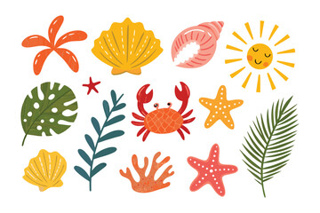Obraz premium Seashore Treasures: A vibrant collection of seashells, starfish, crab, coral, tropical leaves, and smiling sun, a joyful illustration of coastal delight. 