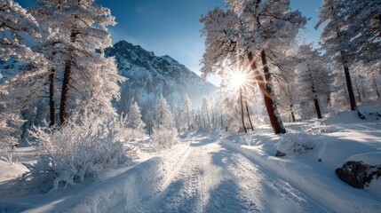 Obraz premium Dreamy winter beautiful landscape snow and sun surrounded by trees