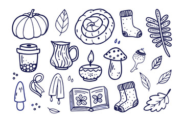 Cozy Autumn Collection: A whimsical doodle arrangement featuring seasonal elements like pumpkins, leaves, and warm drinks, creating a charming autumn scene.
