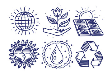 Eco-Conscious Sketches: Detailed line drawings of ecological symbols like planet earth, a budding plant, a solar panel, sun, water drop.