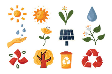 Eco-Friendly Icons: A collection of whimsical icons celebrating sustainable living. From the sun's warmth to nature's purity, it is a visual ode to environmental consciousness. 