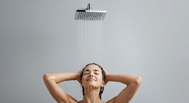 Woman enjoying refreshing shower under modern rainfall showerhead