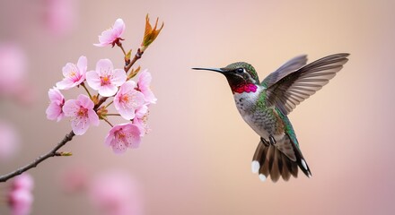 Fototapeta premium Annnual Springtime Bloom: A Hummingbird in Flight Near Cherry Blossoms
