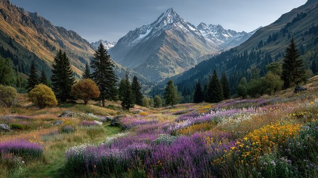 Majestic snow-capped mountains under a golden sunrise scenic alpine landscape with misty valleys and vibrant wildflowers