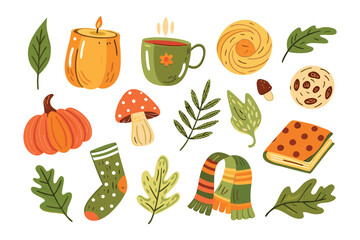 Autumnal Cozy Collection: A charming and inviting collection of fall-themed objects, creating a sense of warmth and comfort with illustrated leaves, candle, cup, and decorative items.