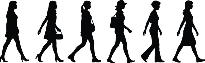 Fototapeta premium Silhouette walking people, various outfits and postures, side profile view, fashion styles, diverse motion, casual wear, vector illustration, human activity graphic.