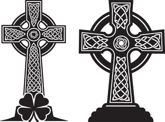 Two ornate celtic crosses with clover silhouette