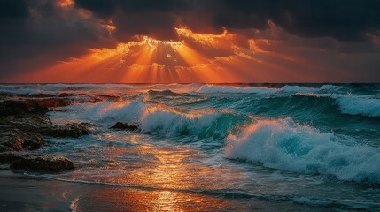 Fototapeta premium Dramatic ocean sunset with stormy clouds rays of light piercing through waves foaming beautiful and moody atmosphere