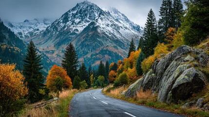 Fototapeta premium Nature landscape on beautiful road in colorful fall autumn landscape