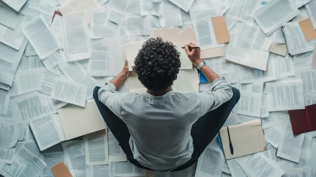 Study session with a person immersed in research and surrounded by piles of documents in a cozy indoor setting during the afternoon