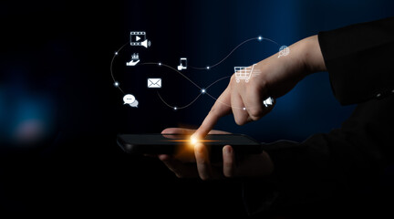 Omnichannel marketing journey showing interaction across media, email, messaging, mobile,...