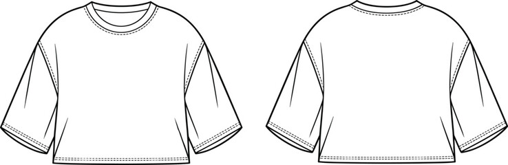 Short sleeve loose fit shirt drawing, round neckline garment sketch, wide sleeve vector design, front back views, apparel fashion template, clothing outline mockup.