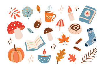 Autumn Gathering: A charming arrangement of autumn-themed items, evoking the warmth and coziness of the season with fall leaves, pumpkin, mushroom, candle, cinnamon sticks, etc.