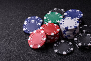 Casino chips, bets and gambling, risk to win or lose money. Betting chips