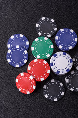 Casino chips, bets and gambling, risk to win or lose money. Betting chips